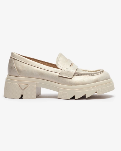 Gold women's eco leather moccasins Sepop- Footwear