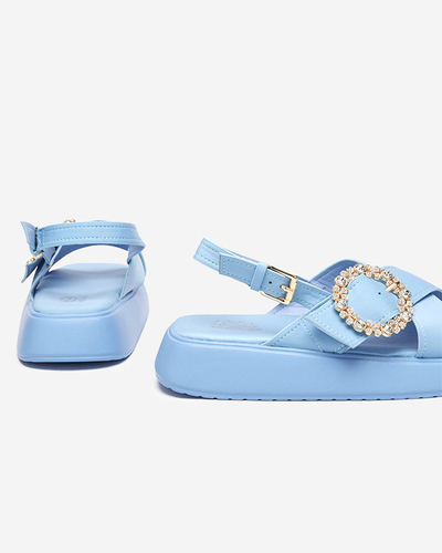 OUTLET Ladies' blue fabric sandals on a flat Senire sole - Footwear