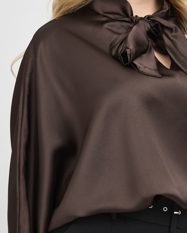 Women's dark brown long satin blouse with binding - Clothing