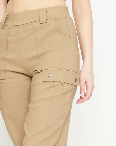 Beige women's cargo trousers with cuffs - Clothing