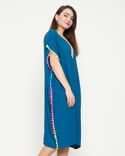Turquoise women's summer beach tunic with pompoms - Clothing