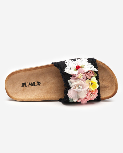 Sieviešu čības ar auduma ziediem melnā krāsā Ososi- Footwear