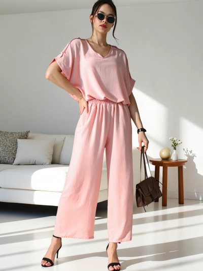 Royalfashion Women's casual set with short sleeve blouse and wide trousers