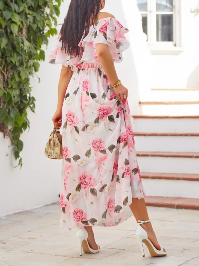 Royalfashion Sieviešu kleita bez plecu siksnām ar īsām piedurknēm dažādās ziedu rakstos