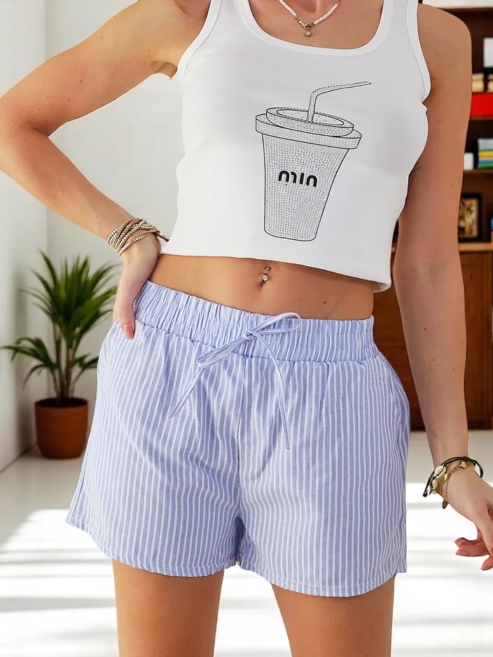 Royalfashion Women's shorts with an elastic waistband and drawstrings in a striped pattern