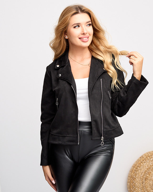 Women's black eco-suede biker jacket with pockets - Clothing