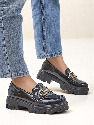 Royalfashion Patent Leather Women's Loafers with Decoration Black Velvet