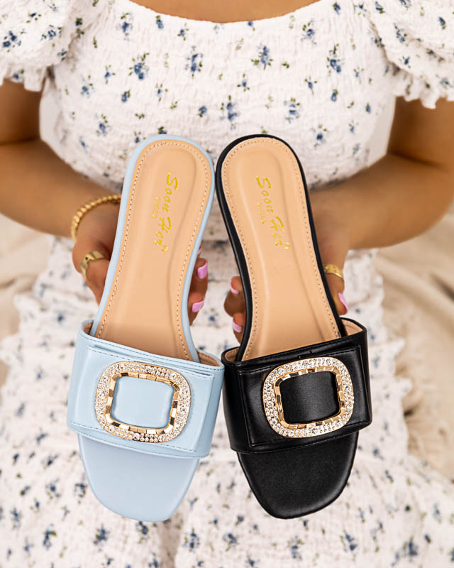 Blue women's slippers with an ornament with cubic zirconia Iteria - Footwear