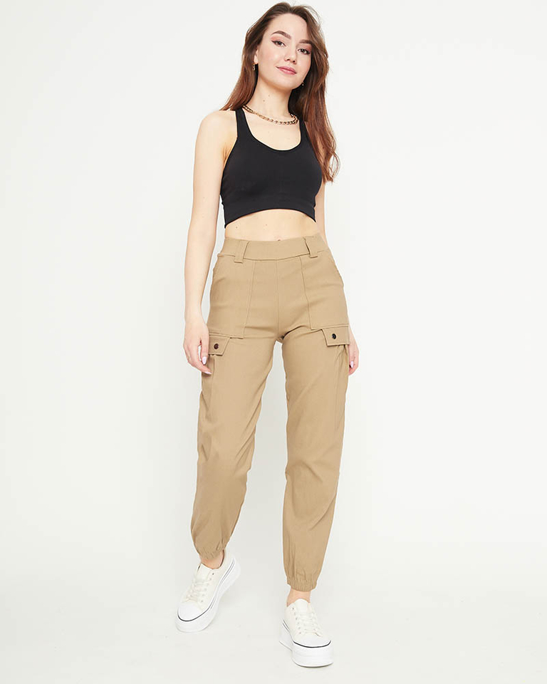 Beige women's cargo trousers with cuffs - Clothing