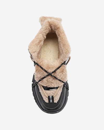 Black women's sports shoes with fur and beige laces Adbo- Footwear