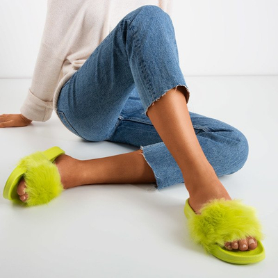 Neon green slippers with fur Millie - Footwear