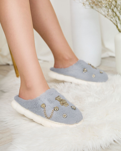 Royalfashion Blue women's fur slippers with ornaments Erserra