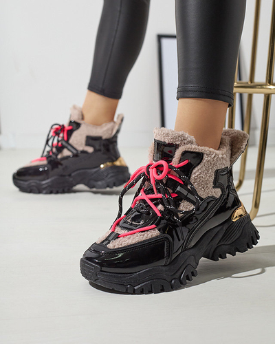 Melni sieviešu sporta apavi ar kažokādu un neona rozā šņorēm Adbo- Footwear