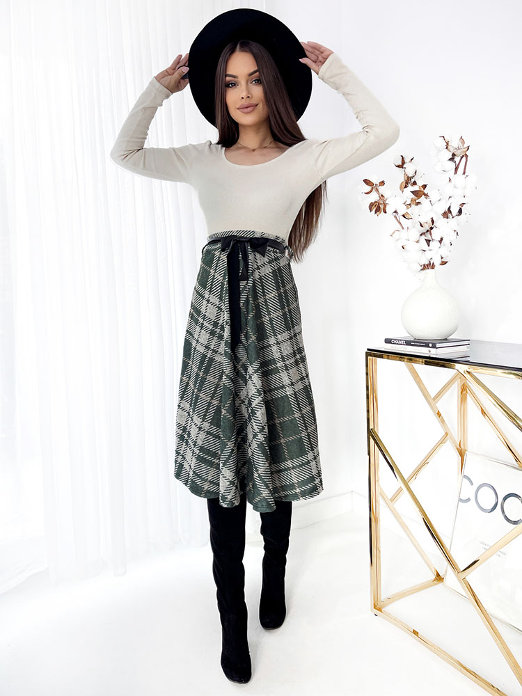 Royalfashion Green-gray women's checkered midi skirt