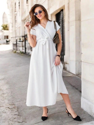 Royalfashion Women's midi dress with a wrap neckline, short sleeves, and a belt
