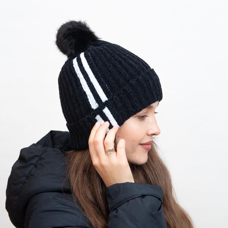 Black insulated beanie with white stripes and pompom - Accessories