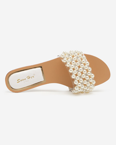 Women's white slippers with pearls Faldei. Footwear