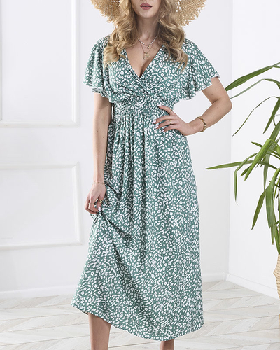 Floral dark green women's dress with envelope neckline - Clothing