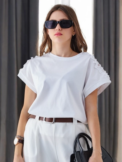 Royalfashion Women's Cotton T-shirt with Lace Sleeves