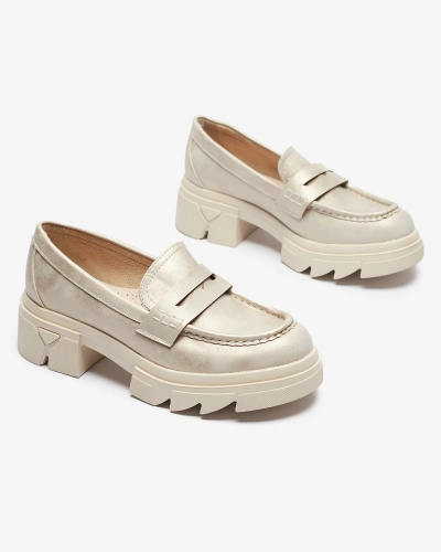 Gold women's eco leather moccasins Sepop- Footwear