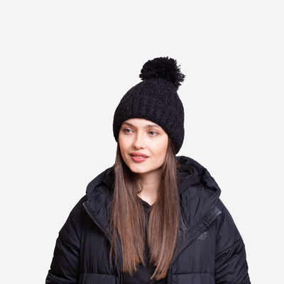 Black women's insulated glossy beanie with pompom - Accessories