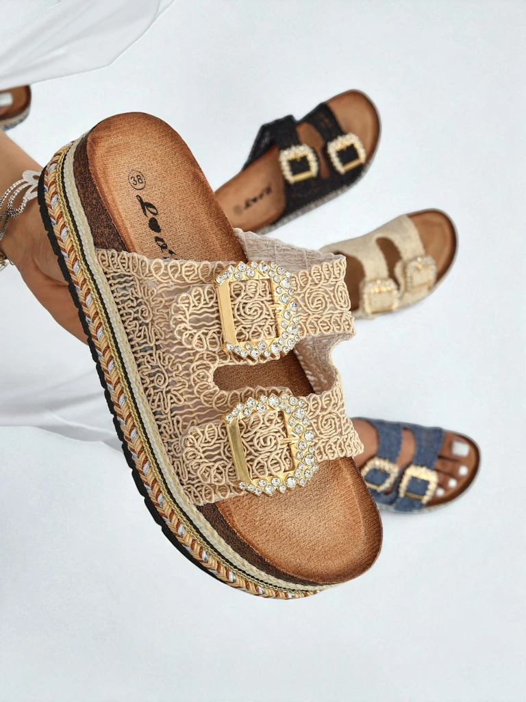 Royalfashion Women's sandals with rhinestone buckles GlamCork