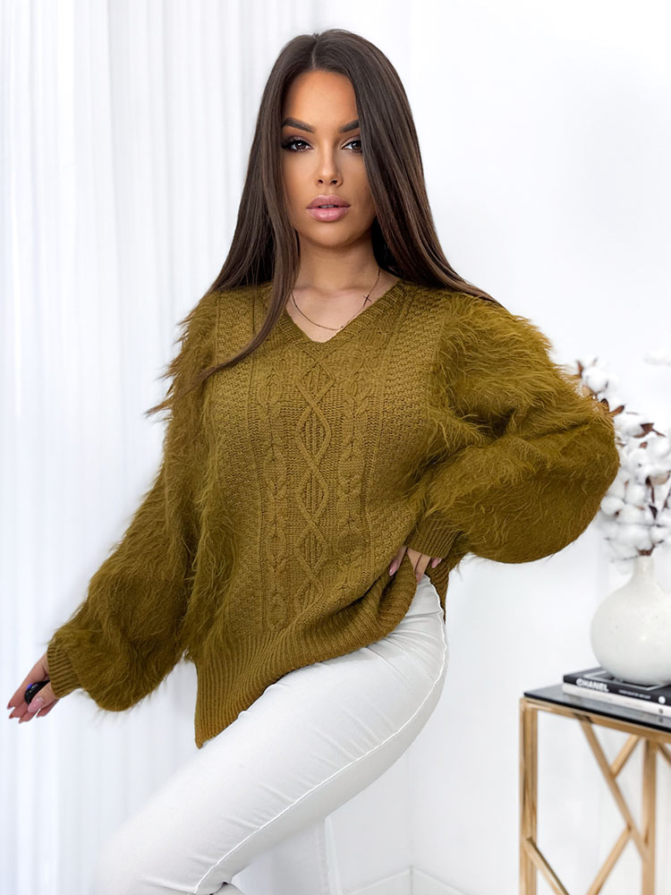 Royalfashion Pūkains sieviešu džemperis sinepju krāsā