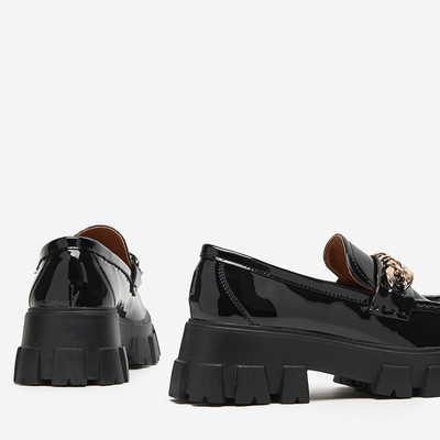 OUTLET Women's black lacquered slip on shoes with a chain Guinewra - Footwear