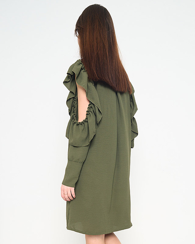 Dark green shirt style dress with ruffles and bow - Clothing