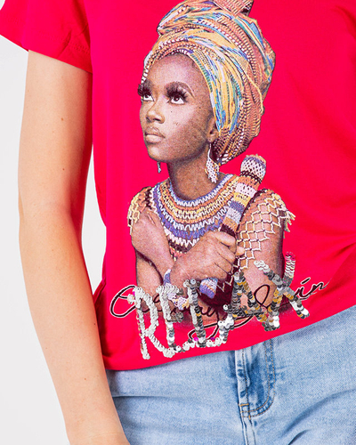 Fuchsia women's t-shirt with colorful print and sequins - Clothing