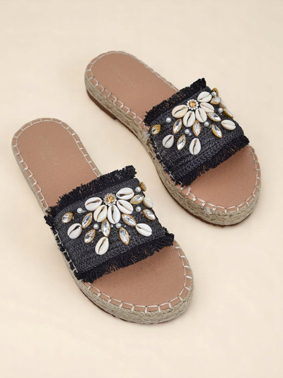 Sandały damskie Royalfashion Helena Decor czarne espadryle mit mushelkami