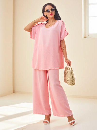 Royalfashion Women's cotton set with short sleeves and wide trousers