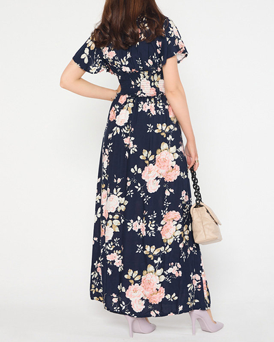 Navy airy women's floral dress with short sleeves - Clothing