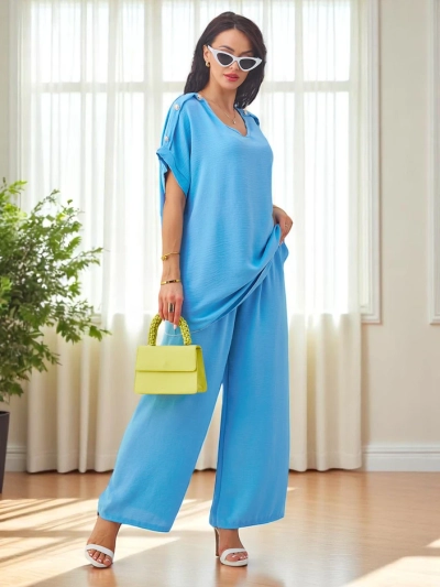 Royalfashion Women's cotton set with short sleeves and wide pants