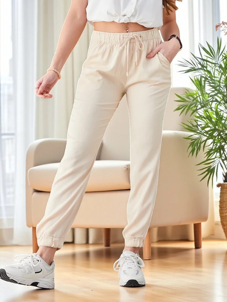 Elegant Women's Aura Beige Lyocell Joggers - Comfort and Style for Every Day