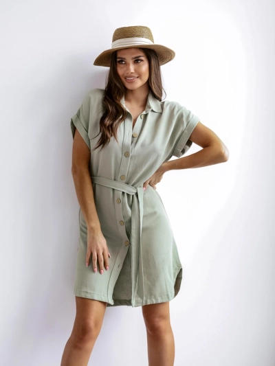 Royalfashion Sieviešu mini kleita ar īsām piedurknēm un pogu aizdari jostai