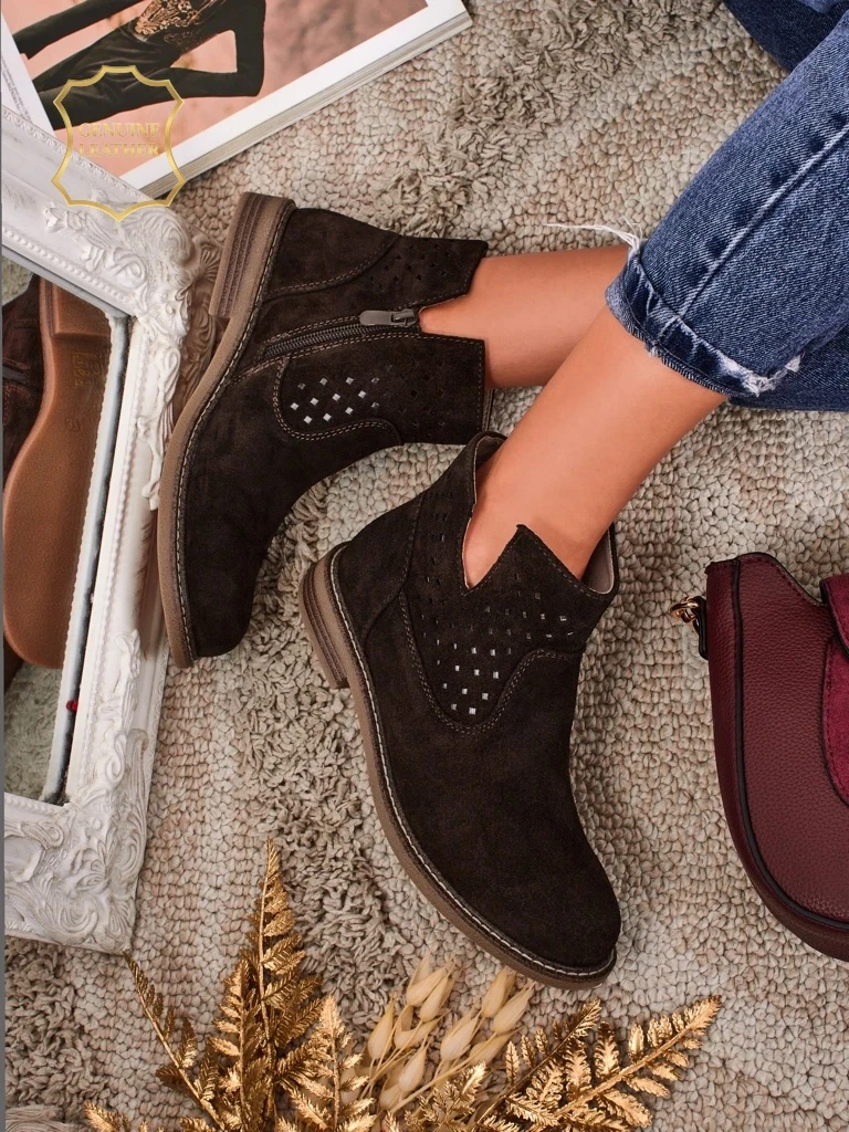 Ariadne ankle boots made of natural dark brown suede, flat 3 cm heels