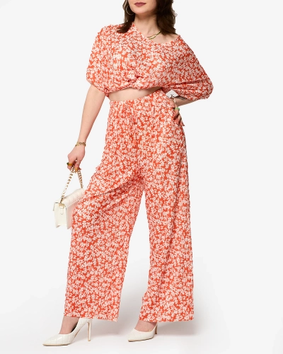 Orange women's pleated set with black flowers - Clothing