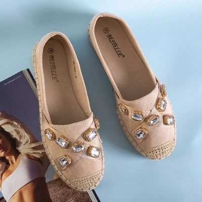 OUTLET Bēšas sieviešu platformas espadrilas ar kristāliem Erilla - Apavi