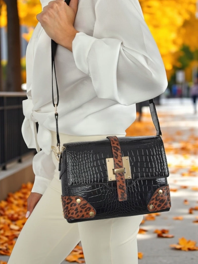 Женская сумка Callista Nero - экологичная крокодиловая кожа, черно-коричневая