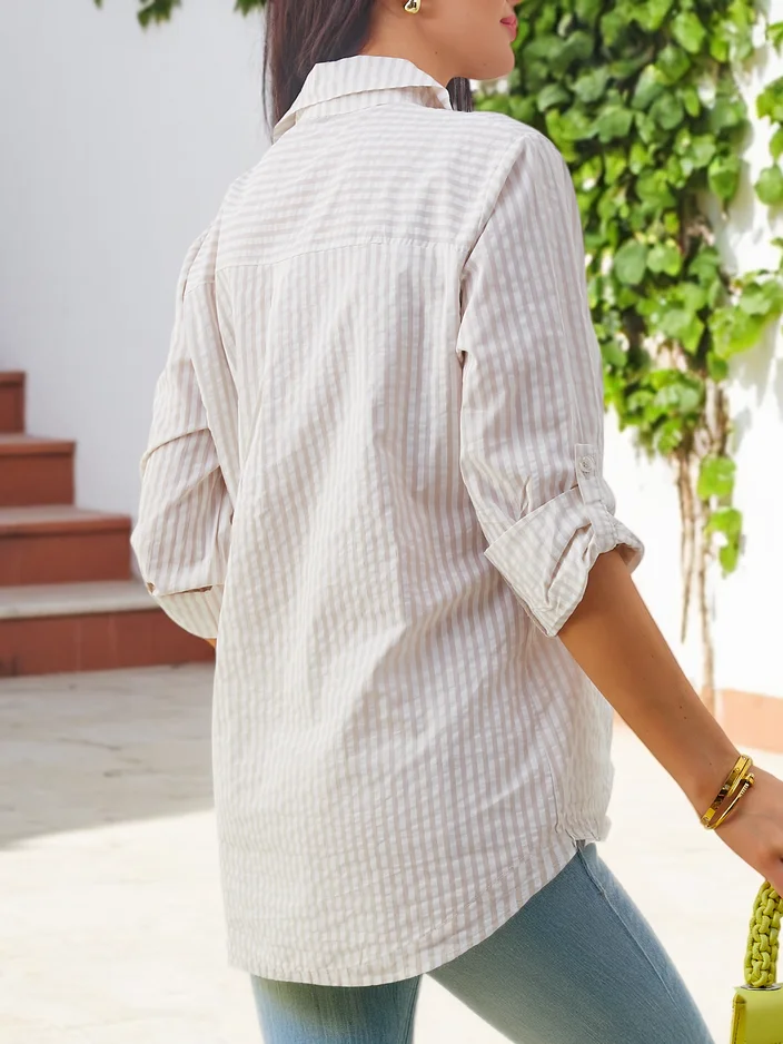 Royalfashion Sieviešu kokvilnas svītraina krekls ar saitīti apakšā