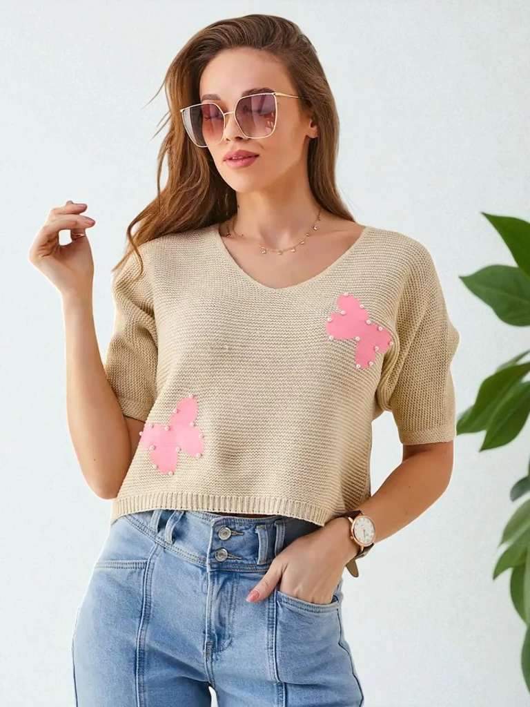 Royalfashion Sieviešu Kokvilnas Īsais Džemperis ar Taureņiem