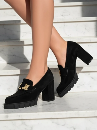 Потрясающие черные туфли на устойчивом каблуке из замши, элегантные и модные