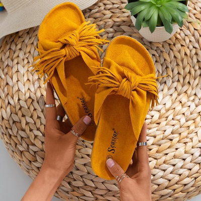 Women's mustard slippers with Amassa fringes - Footwear