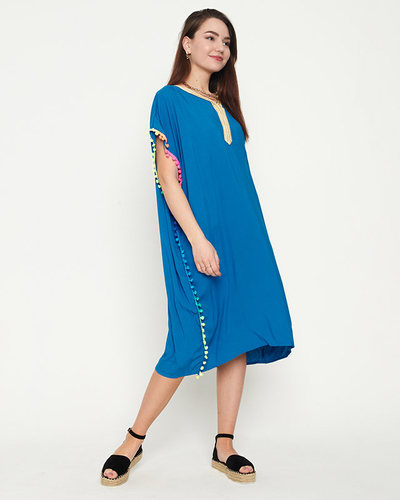 Women's blue summer beach tunic with pompoms - Clothing