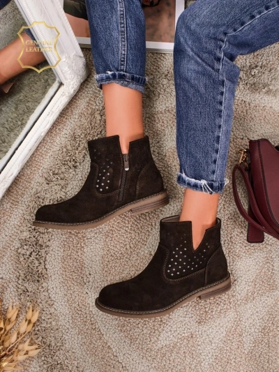 Ariadne ankle boots made of natural dark brown suede, flat 3 cm heels
