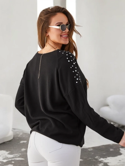 Royalfashion Women's thin viscose sweater with rhinestones on the shoulders