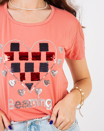 Коралловая женская футболка с принтом