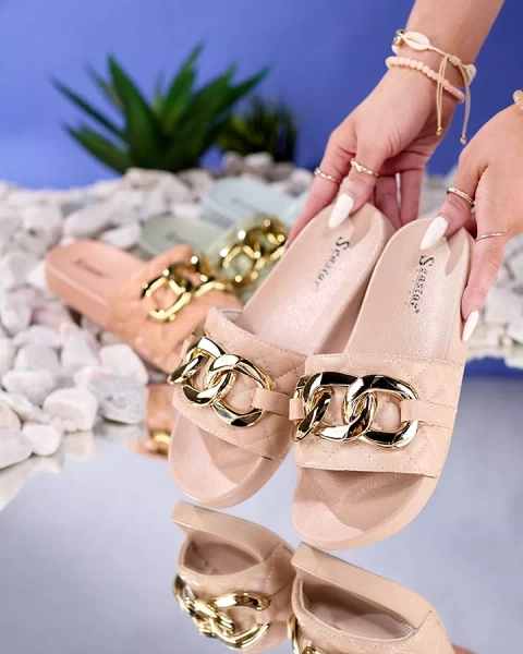 Sieviešu bēšas stepētas čības ar zelta ķēdīti Eteris - Apavi