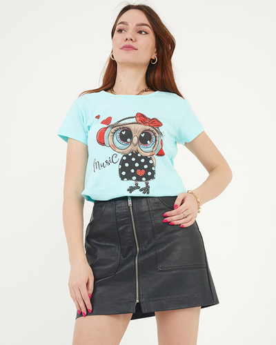 Women's mint t-shirt with an owl print - Clothing